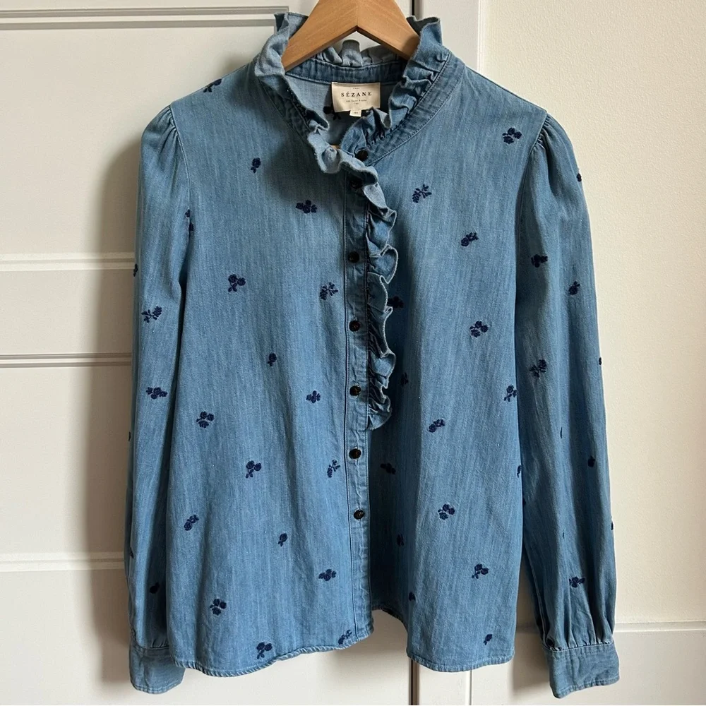 Sézane Chlo Blue Ruffle Denim Shirt Floral Embroidery - Picture 5 of 10